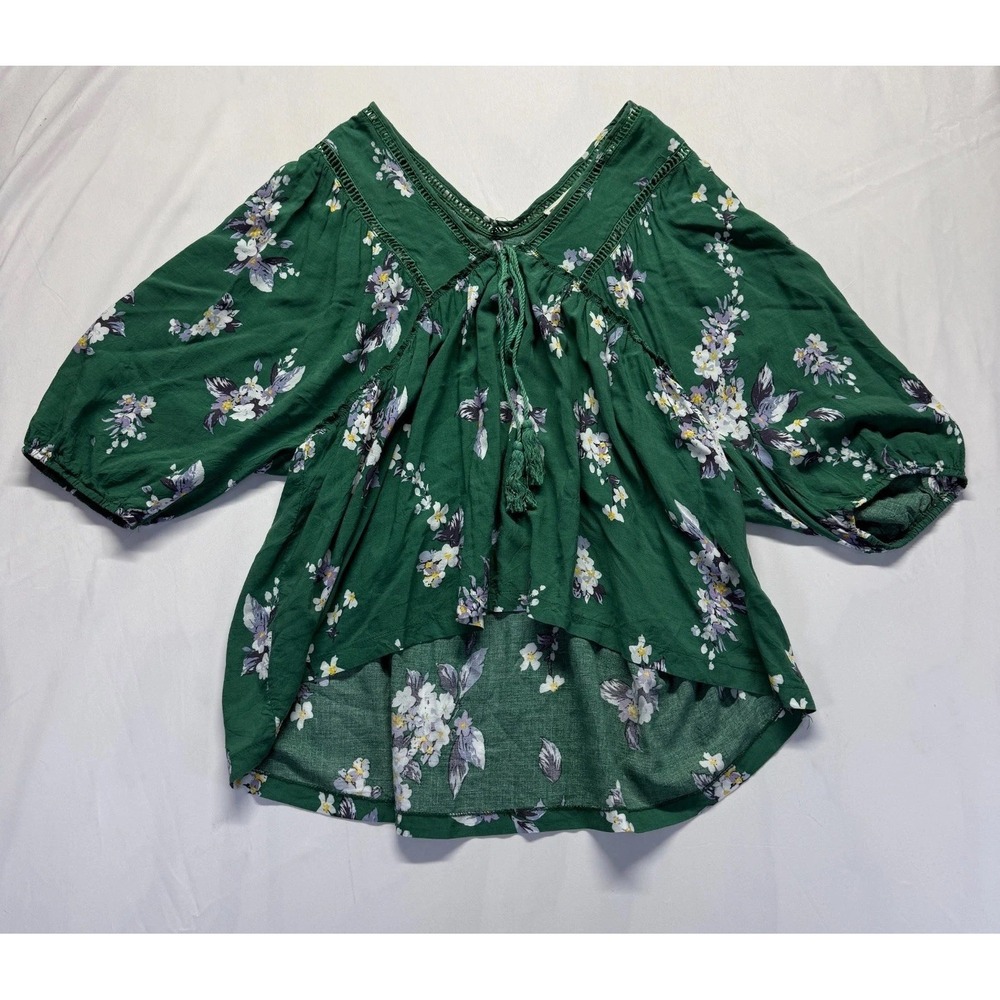 Jaase Peasant Blouse Top Womens Medium Green Floral V Neck Tassel‎ Crochet Trim